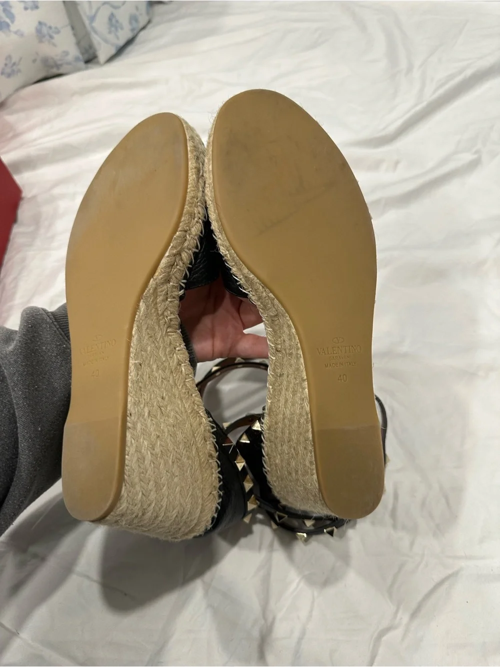 Valentino Black Rockstud Espadrille Ankle-Strap wedges